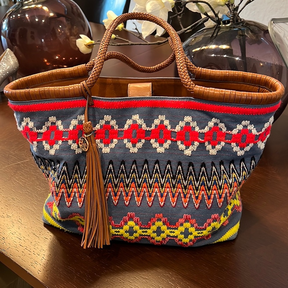 Tory Burch Embroidered and Leather Tote
